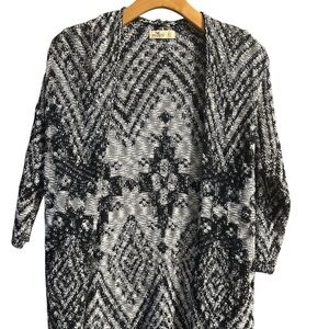 Hollister black and white Aztec loose knit open-front cardigan with fringe trim